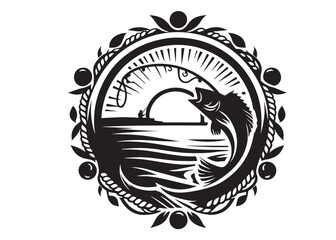 silhouette of fishing logo vector design, fishing logo icon silhouette, catching fish with man vector silhouette, fisherman logo black silhouette on white background.