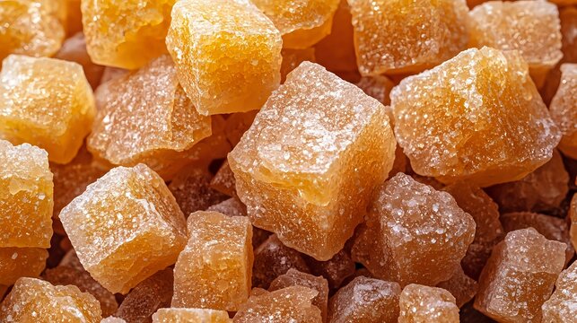Crystallized ginger cubes coated in sugar create appetizing pattern of golden brown candied spice pieces, macro food photography showing texture and detail.