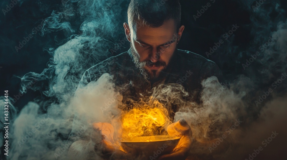 Aufkleber man surrounded by dark fog holding glowing orb in moody mystical atmospheric studio setup