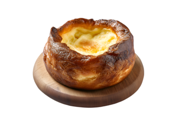 Golden baked custard bread on wooden board delicious dessert treat