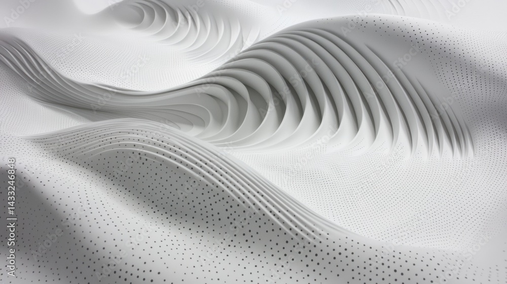 Poster a white abstract sculpture with a wave-like pattern and small dots.