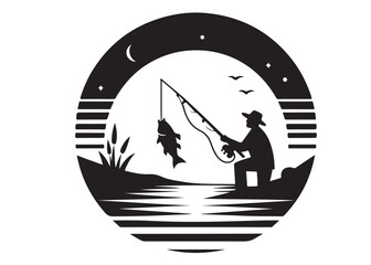 silhouette of fishing logo vector design, fishing logo icon silhouette, catching fish with man vector silhouette, fisherman logo black silhouette on white background.