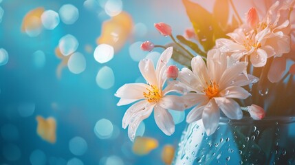 Obraz premium Delicate white flowers in sunlight with dreamy bokeh background and gentle spring colors
