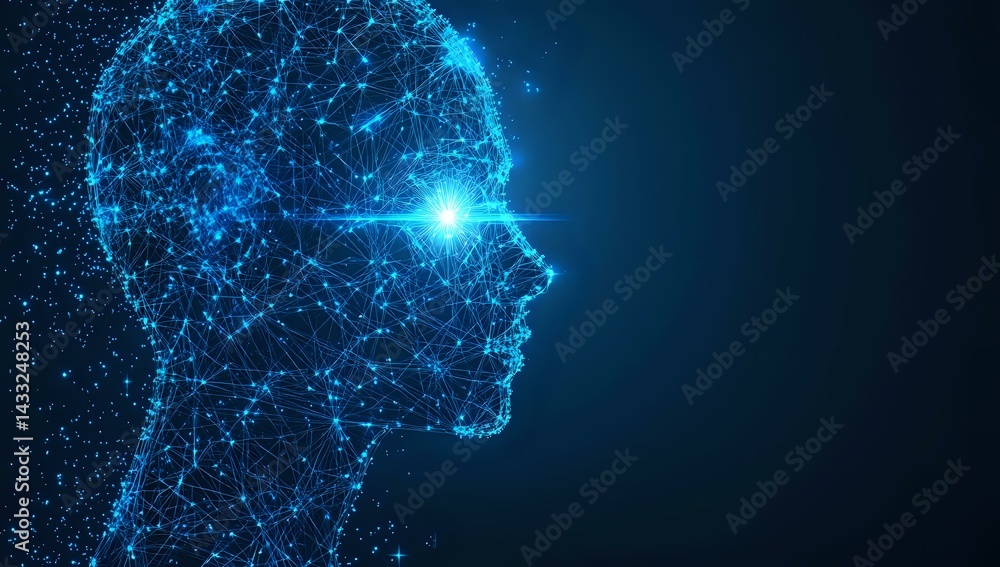 Poster glowing blue digital human head profile made of connected dots and lines representing artificial int