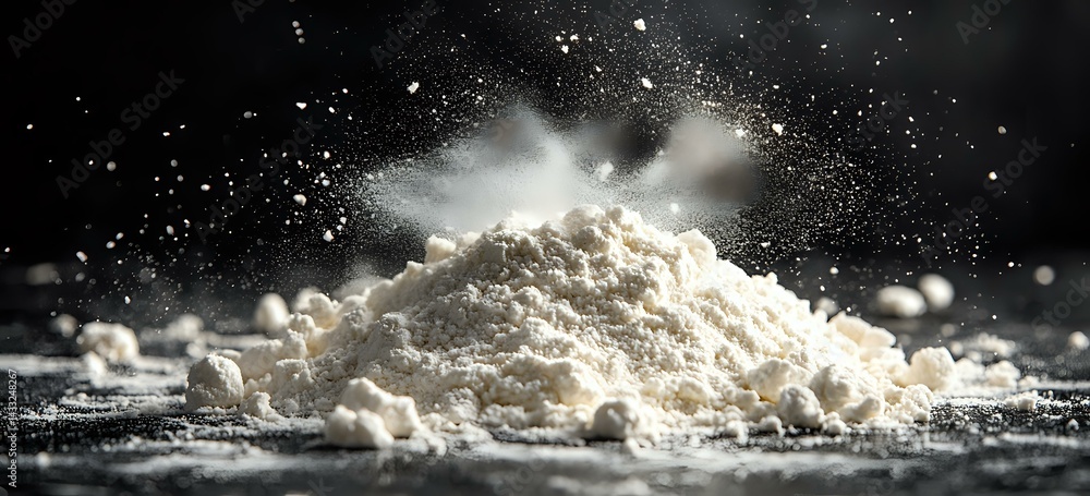 Poster white flour explosion with floating particles against dark background creating dramatic culinary sce