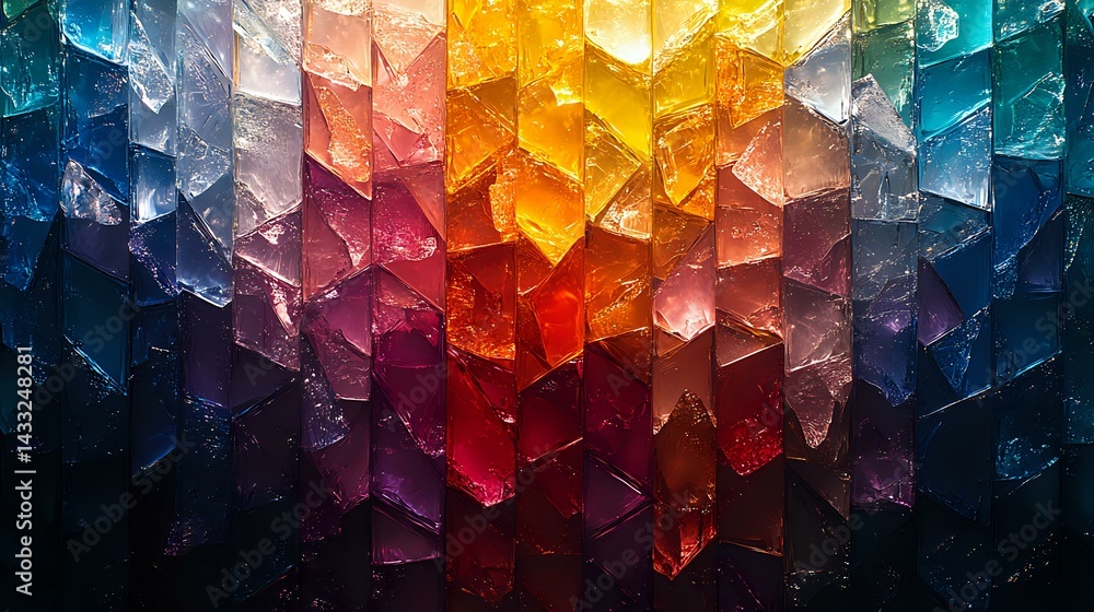 Poster vibrant crystalline structure with gradient color spectrum from deep blue through red and orange to 
