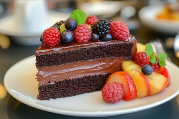 fruit salad displayed next to a chocolate cake slice
