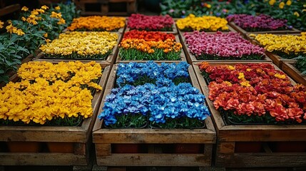 Vibrant Rainbow of Flowers in Wooden Boxes