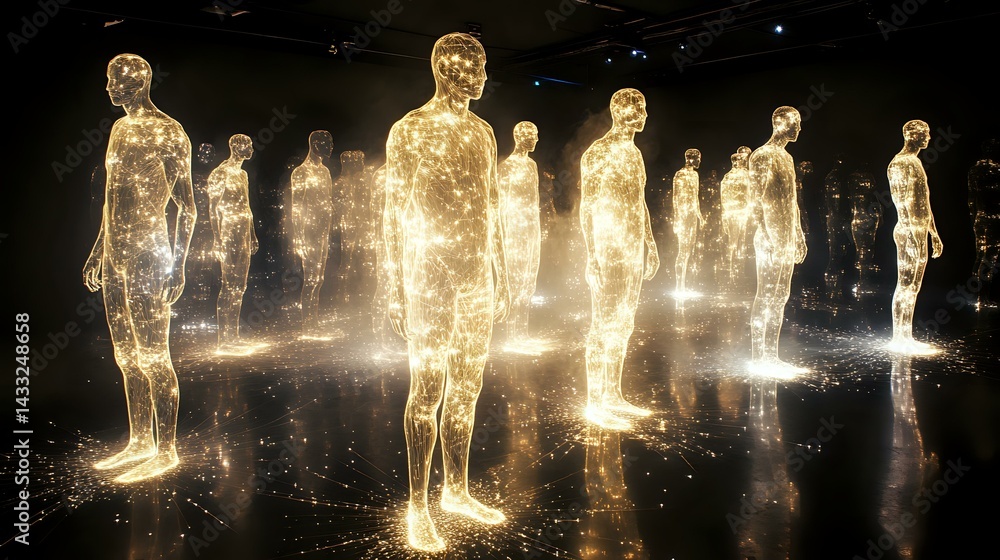 Poster glowing translucent human figures standing in formation emit golden light against dark background, c