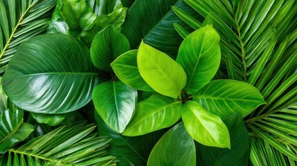 Lush green foliage featuring various tropical leaves arranged harmoniously in a vibrant display