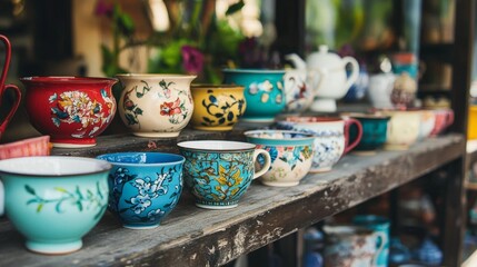Shelf with colorful porcelain teacups in vintage tea shop under warm nostalgic lighting