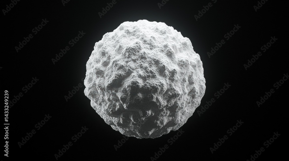 Poster a white sphere with a rough texture and a bright light source at the top.