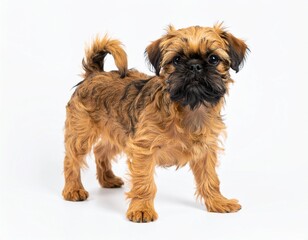 A small, fluffy dog with a distinctive beard and expressive eyes stands against a plain background, showcasing its playful and curious nature.