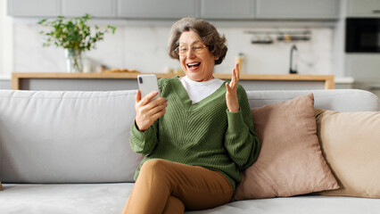 Amazed happy senior woman holding smartphone, using mobile app, receiving gift, reading good sms,...