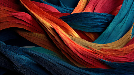 Abstract image of interwoven textured fabric ribbons in red, orange, gold, and teal hues, creating a dynamic and flowing composition, showcasing vibrant color and textile artistry