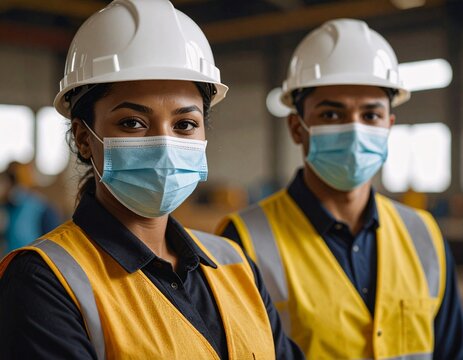Two construction workers in safety gear and face masks pose confidently in a warehouse setting, emphasizing workplace safety and health protocols.