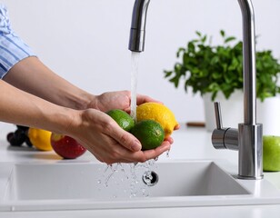 A person washes fresh fruits under running water, showcasing vibrant limes, lemons, and a backdrop of greenery, emphasizing cleanliness and healthy living.