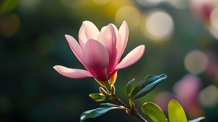 Fototapeta premium Pink magnolia blossom in soft focus highlighting its delicate petals against a bokeh background.