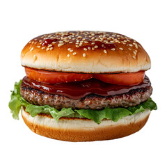 Classic hamburger composition with fresh ingredients on a dark background