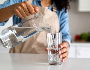 A person pours water from a glass pitcher into a clear drinking glass, highlighting hydration and refreshing moments.