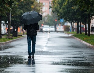 Obraz premium Person Holding Umbrella Walking Alone in Rain