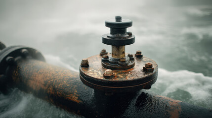 Obraz premium Close up of drain valve offshore pipe, surrounded by sea mist and water, showcasing industrial design and weathered texture