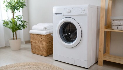 A modern laundry room featuring a white washing machine, neatly stacked towels, a woven basket, and a potted plant, creating a clean and organized space.
