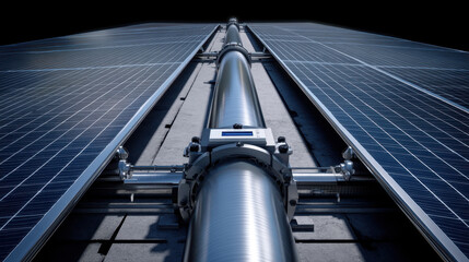 Obraz premium Close up of solar panel system with metallic pipe, showcasing modern renewable energy technology and innovation