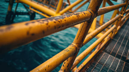 Close up of yellow handrails and steel grating on oil platform, showcasing industrial design and texture
