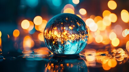 Glass sphere reflecting colorful bokeh lights in dreamy dark background surreal studio setup
