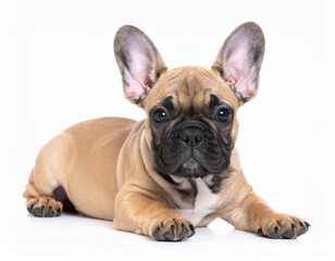 Fototapeta premium A cute French Bulldog lounges on a white background, showcasing its distinctive ears and playful expression.