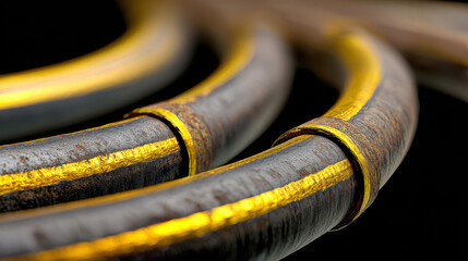 Macro shot of exposed tubing junction with golden edge, showcasing intricate details and textures