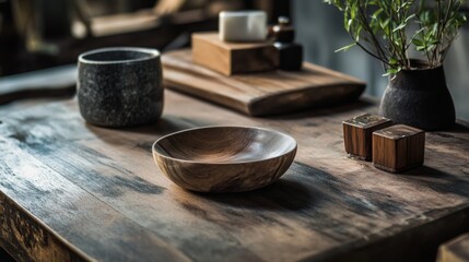 Wooden utensils on rustic table in natural light with cozy warm home kitchen setup
