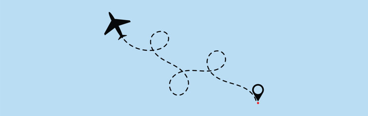 dotted route line the way airplane. Plane paths. Aircraft tracking, planes, travel, map pins, location pins. Vector illustration.