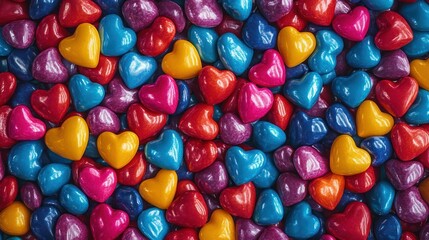 Fototapeta premium Heart candies arranged together, creating colorful pattern, abundance represents sweetness, celebrations valentines.