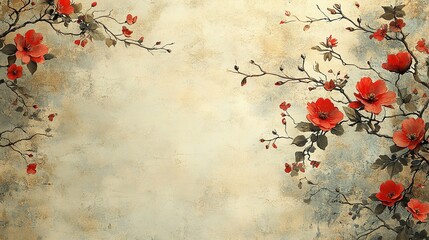 Red Blossoms on Textured Vintage Background
