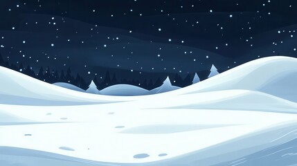 Serene Winter Scene with Snowy Hills and Starry Night Sky