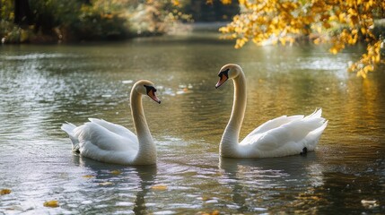 Obraz premium Swans glide gracefully on a serene lake surrounded by autumn foliage in the golden light of late afternoon