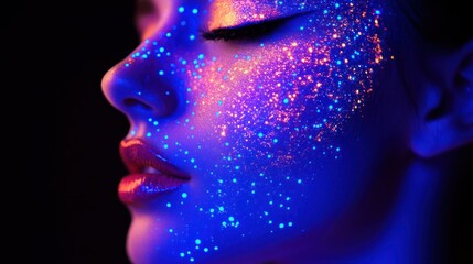 Young adult woman showcases artistic neon light face paint, closed eyes expressing quiet inner thought and creativity.