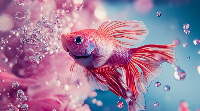 Vibrant pink betta fish swimming in motion splash with colorful bubble and water effect setup