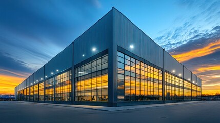 Fototapeta premium Industrial building stands tall reflecting sunset hues, offering modern architecture for commerce, industry.