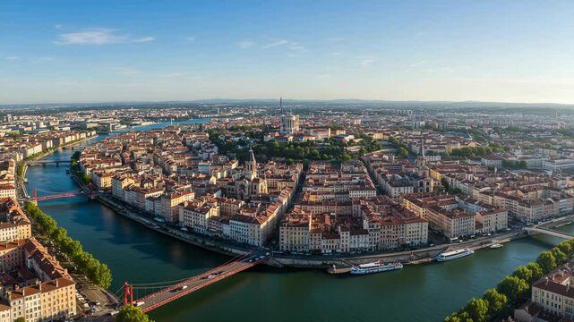Aerial view of lyon, france, showcasing the sa&ocirc;ne river, red bridges, and the city's architecture under a clear blue sky