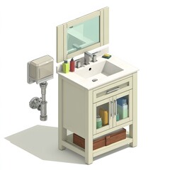 Isometric illustration of bathroom vanity with mirror, sink and other fixtures is displayed for bathroom design.