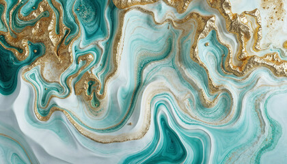 Beautiful White and Pastel Liquid Swirls with Gold Glitter. Luxurious Acrylic Pour Background.