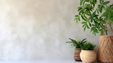 A serene indoor plant arrangement featuring various pots on a clean countertop against a textured wall