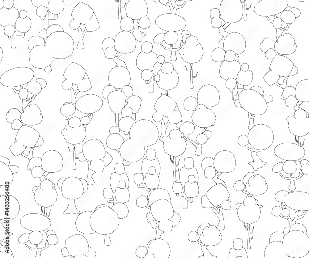 Poster a black and white drawing of trees with circles. the circles are of varying sizes and are scattered 