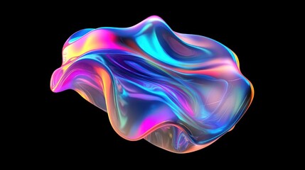 Abstract Iridescent Liquid Form: A Digital 3D Render of a Vibrant, Flowing, Colorful Shape Against a Black Background