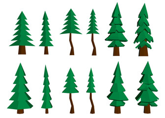 A series of trees are shown in various sizes and positions. The trees are all green and have brown trunks. Concept of nature and tranquility, as the trees are depicted in a peaceful setting