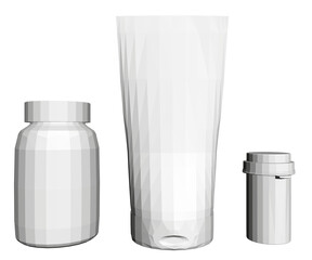 Three white containers, one of which is a jar, sit on a white background. The other two containers are a cup and a bottle. The scene is simple and clean, with no clutter or distractions