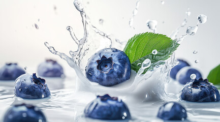Blueberries Splash in Milk: Juicy blueberries create a vibrant splash in creamy milk, with fresh green leaves adding a touch of natural elegance.